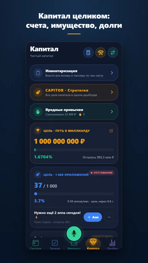 Экран капитала: счета, имущество, долги